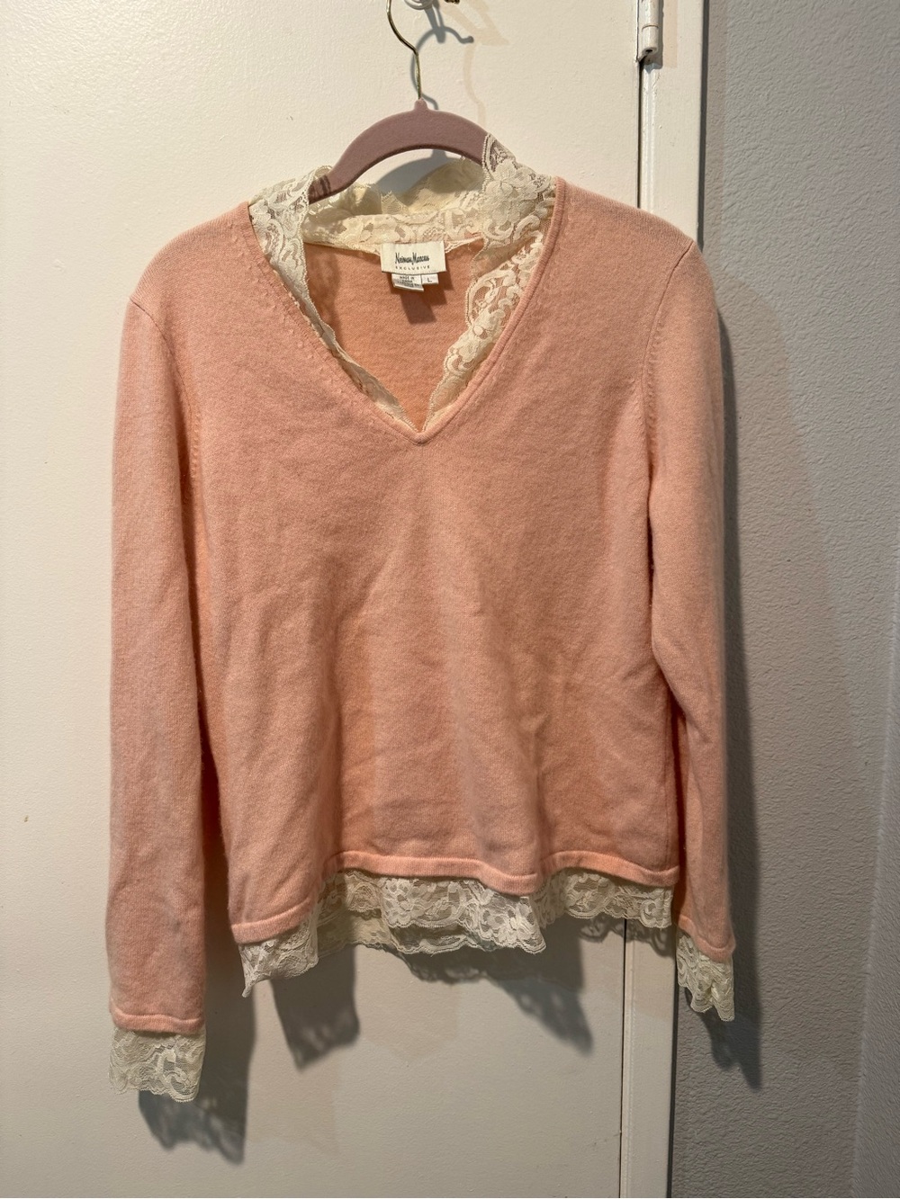 Neiman Marcus Pink Sweater with Cream Lace Trim